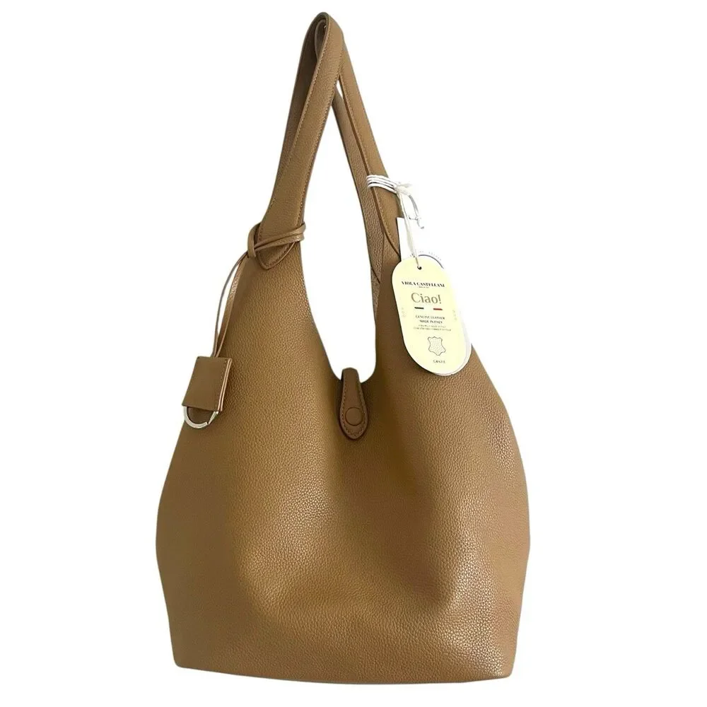 NWT Viola Castellani Tan Leather Hobo Bag Made in Italy Convertible Shopper Tote